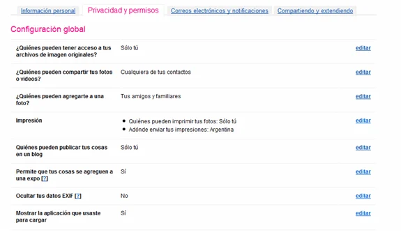Como configurar Flickr: Privacidad y Permisos