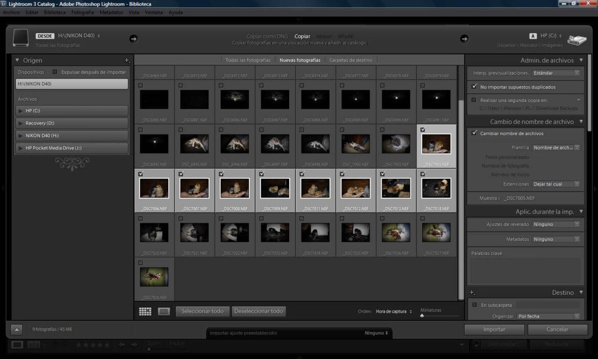 Seleción de imágenes a importar